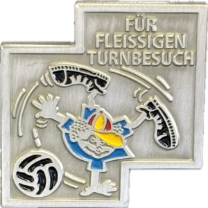Pin für fleissigen Turnbesuch mit lustigem Kopfstand und Ball silber